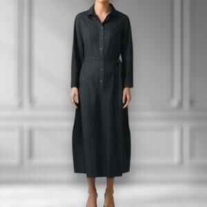 Akris Punto Sz 4 Long Sleeve Belted Shirt Dress Black Cotton Modest Professional